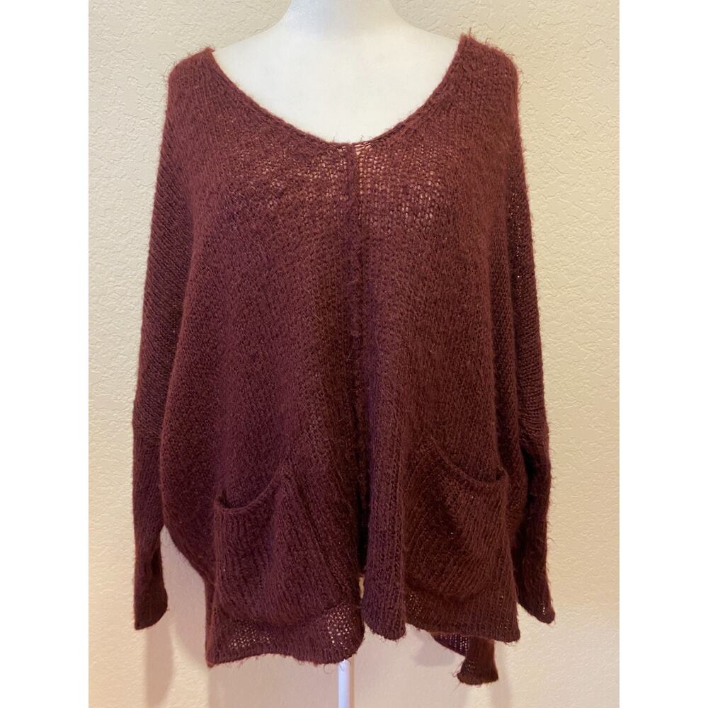 Wooden Ships Fuzzy Wool Mohair Burgundy Sweater Dolman Sz S/M Oversized Pockets